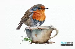 Watercolor Cute European Robin with a Cup PNG Clipart Product Image 1