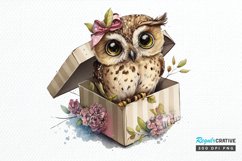 Watercolor Cute Owl Girl in Gift Box PNG Clipart Product Image 1