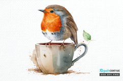 Watercolor Cute European Robin with a Cup PNG Clipart Product Image 1