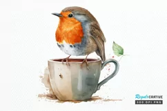 Watercolor Cute European Robin with a Cup PNG Clipart Product Image 1