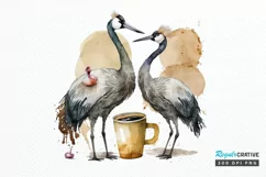 Watercolor Cute Cranes with a Cup PNG Clipart Product Image 1