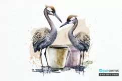 Watercolor Cute Cranes with a Cup PNG Clipart Product Image 1