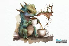 Watercolor Cute Dragon Drinking Coffee PNG Clipart Product Image 1