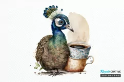 Watercolor Cute Indian Peafowl with a Cup PNG Clipart Product Image 1