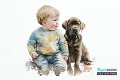 Watercolor Cute Baby Boy and Dog PNG Clipart Product Image 1