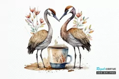Watercolor Cute Cranes with a Cup PNG Clipart Product Image 1