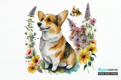 Watercolor Cute Corgi and Flowers PNG Clipart Product Image 1