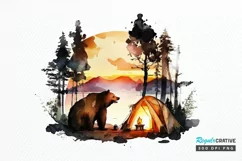Watercolor Bear Camping at Sunset PNG Clipart Product Image 1