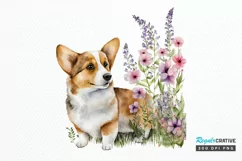 Watercolor Cute Corgi and Flowers PNG Clipart Product Image 1