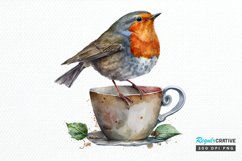 Watercolor Cute European Robin with a Cup PNG Clipart Product Image 1