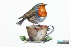 Watercolor Cute European Robin with a Cup PNG Clipart Product Image 1