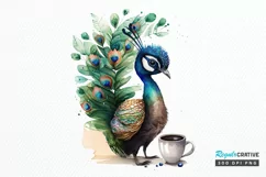 Watercolor Cute Indian Peafowl with a Cup PNG Clipart Product Image 1
