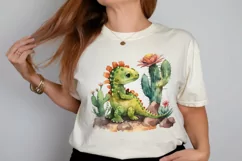Watercolor Cute Dinosaur and Cactus PNG Clipart Product Image 2