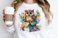 Watercolor Cute Owl Girl in Gift Box PNG Clipart Product Image 2