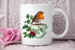 Watercolor Cute European Robin with a Cup PNG Clipart Product Image 2