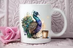 Watercolor Cute Indian Peafowl with a Cup PNG Clipart Product Image 2