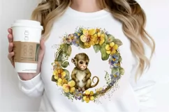 Watercolor Baby Monkey Flower Wreath PNG Clipart Product Image 2