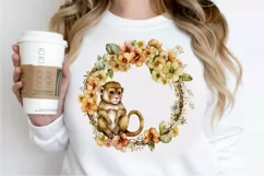 Watercolor Baby Monkey Flower Wreath PNG Clipart Product Image 2