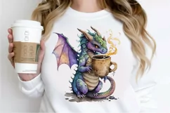 Watercolor Cute Dragon Drinking Coffee PNG Clipart Product Image 3