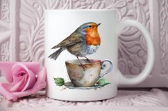 Watercolor Cute European Robin with a Cup PNG Clipart Product Image 2