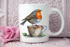 Watercolor Cute European Robin with a Cup PNG Clipart Product Image 2