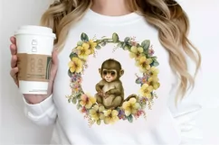 Watercolor Baby Monkey Flower Wreath PNG Clipart Product Image 2