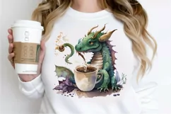 Watercolor Cute Dragon Drinking Coffee PNG Clipart Product Image 2