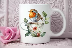Watercolor Cute European Robin with a Cup PNG Clipart Product Image 2