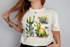 Watercolor Cute Dinosaur and Cactus PNG Clipart Product Image 2