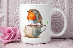 Watercolor Cute European Robin with a Cup PNG Clipart Product Image 2