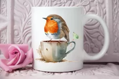 Watercolor Cute European Robin with a Cup PNG Clipart Product Image 2