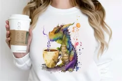Watercolor Cute Dragon Drinking Coffee PNG Clipart Product Image 2