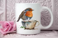 Watercolor Cute European Robin with a Cup PNG Clipart Product Image 2