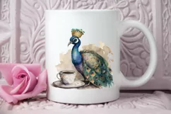 Watercolor Cute Indian Peafowl with a Cup PNG Clipart Product Image 2