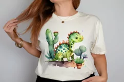 Watercolor Cute Dinosaur and Cactus PNG Clipart Product Image 2