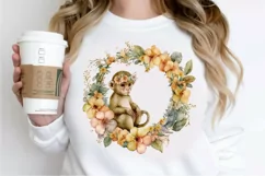 Watercolor Baby Monkey Flower Wreath PNG Clipart Product Image 2