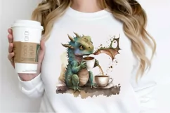 Watercolor Cute Dragon Drinking Coffee PNG Clipart Product Image 2