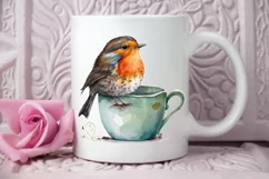 Watercolor Cute European Robin with a Cup PNG Clipart Product Image 2