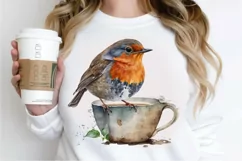 Watercolor Cute European Robin with a Cup PNG Clipart Product Image 3