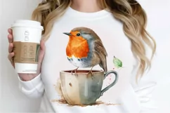 Watercolor Cute European Robin with a Cup PNG Clipart Product Image 3