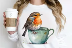 Watercolor Cute European Robin with a Cup PNG Clipart Product Image 3
