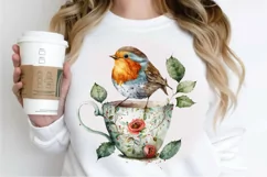 Watercolor Cute European Robin with a Cup PNG Clipart Product Image 3