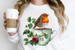 Watercolor Cute European Robin with a Cup PNG Clipart Product Image 3