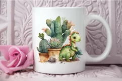 Watercolor Cute Dinosaur and Cactus PNG Clipart Product Image 3