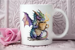 Watercolor Cute Dragon Drinking Coffee PNG Clipart Product Image 1