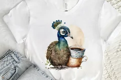 Watercolor Cute Indian Peafowl with a Cup PNG Clipart Product Image 3