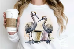 Watercolor Cute Cranes with a Cup PNG Clipart Product Image 3