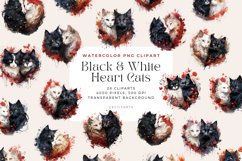 28 Watercolor Black and White Heart Cats Clipart Product Image 1