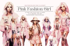 12 Watercolor Pink Fashion Planner Girl with a Dog Clipart Product Image 1