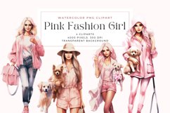 4 Watercolor Pink Fashion Planner Girl with a Dog Clipart Product Image 1